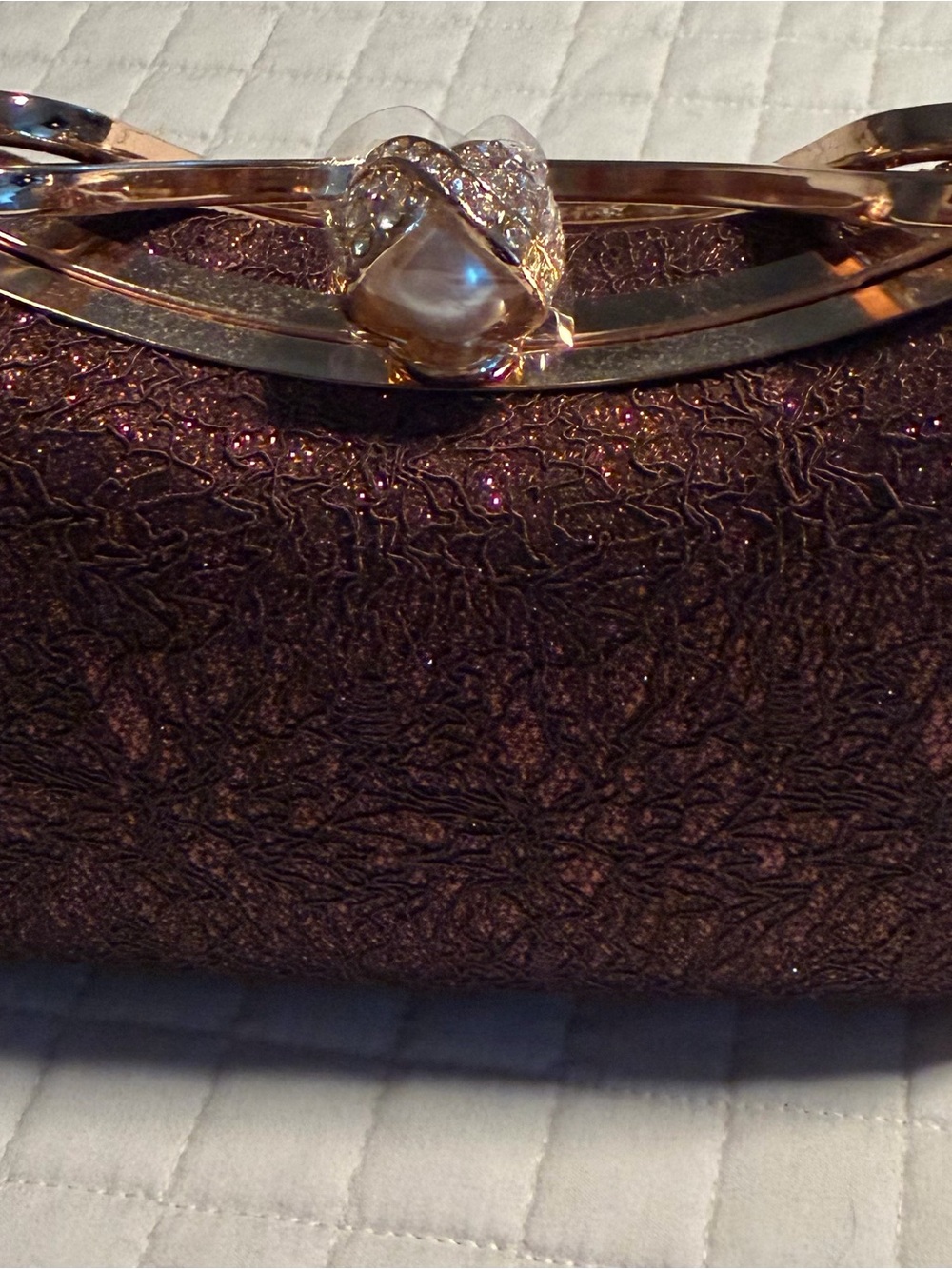 Sparkling Dark Brown Evening Clutch with Pearl-Embellished Clasp